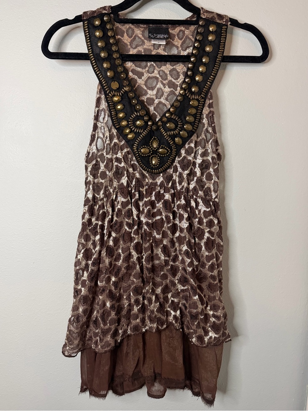 Daytrip Brown Animal-Print Embellished V-Neck Tank